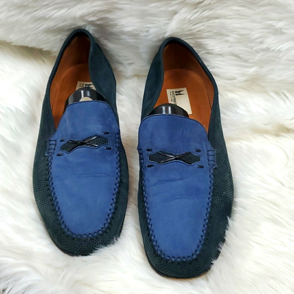 MORESCHI Blue Suede & Black Leather Italian Loafers Slip on size 11